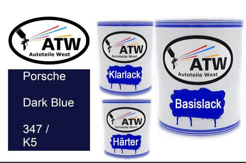 Porsche, Dark Blue, 347 / K5: 1L Lackdose + 1L Klarlack + 500ml Härter - Set, von ATW Autoteile West.